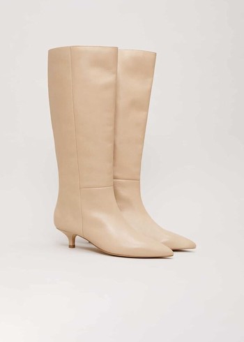 Phase Eight Knee High Kitten Boots Cream Canada | VLBNZR-690